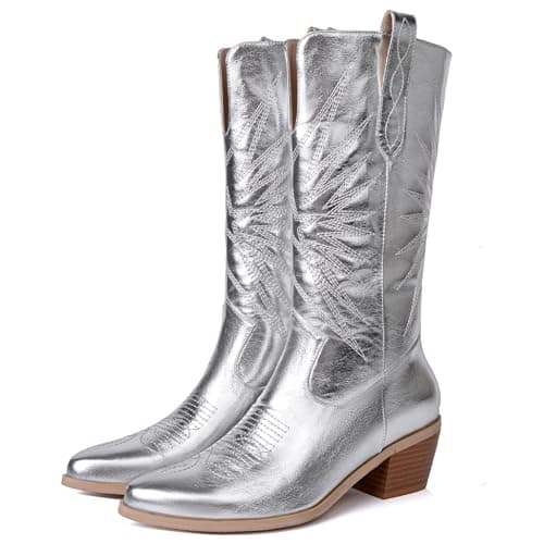 Metallic Embroidered Cowboy Boots for Women | Mid Calf Heel Pull-On