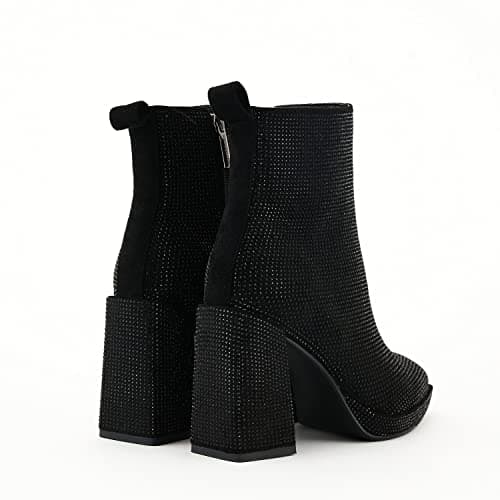 Stefaniya Nina Women's Sparkly Rhinestone Ankle Boots Chunky Heels Zipper Party Prom Booties