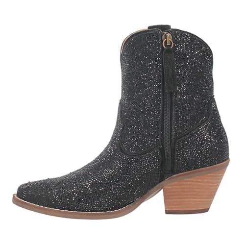 Dingo Women's Black Rhinestone Cowgirl Ankle Boots Mid Heel Zipper Casual