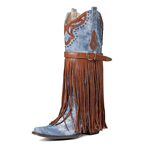 SaraIris Women's Fashion Pointed Toe Western Bootie, 2.75" Heel, Embroidered Fringe, Mid Calf Boots