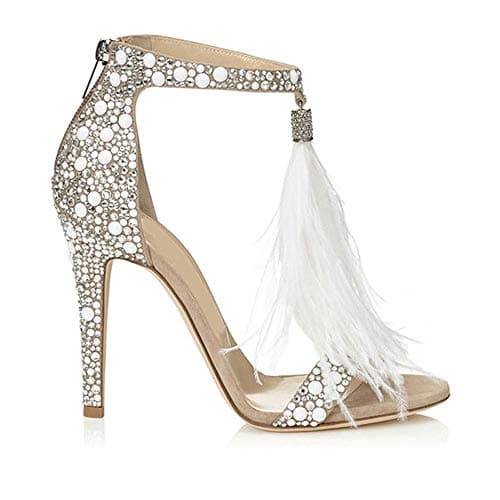 Hinyyrin Women's White Stiletto Heeled Rhinestone Tassels Wedding Sandals