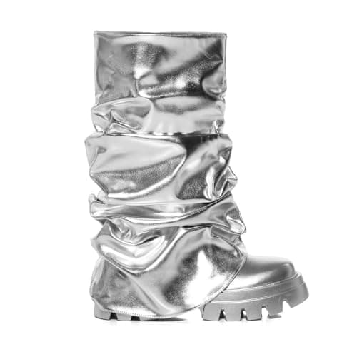 DETOGNI Women's Metallic Mid Calf Pull-On Chunky Platform Booties — Silver