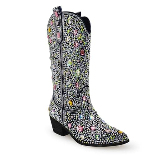 KEEISEA Women's Sparkle Rhinestone Cowboy Boots Wide Glitter Fashion Party — Black/Black