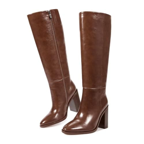 ISNOM Knee High Chunky Heel Zipper Boots for Tall Women — Brown