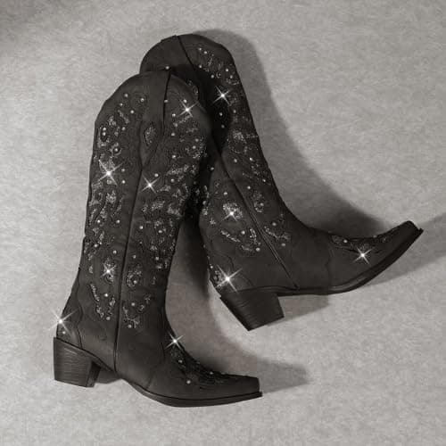 LingxiaUne Sparkly Rhinestone Western Cowboy Boot with Embroidery for Women