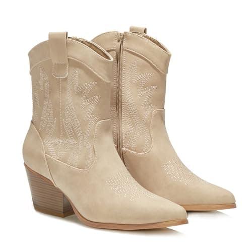 PEPPEP Collection Western Cowgirl Boots for Women, Vegan Leather, Embroidered Mid Calf Heel — Chunky Nude
