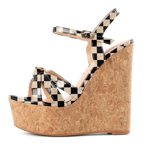 YODEKS Women's Platform Wedge Sandals-Ankle Strap Heel — Checkered Beige