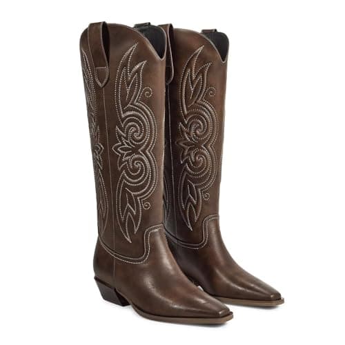 ISNOM Western Cowboy Boots for Women Knee High Square Toe Low Heel