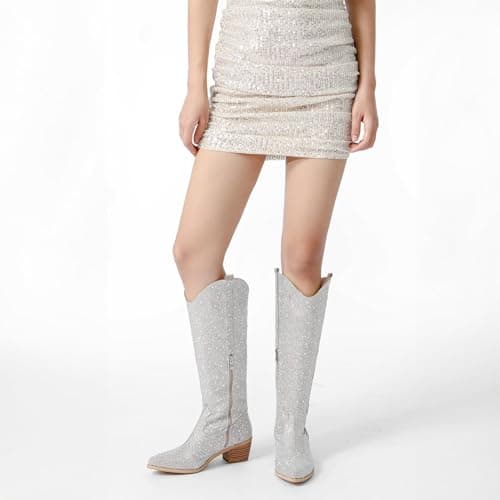 Sparkly Rhinestone Knee High Boots for Women Cowgirl Bling Shoes