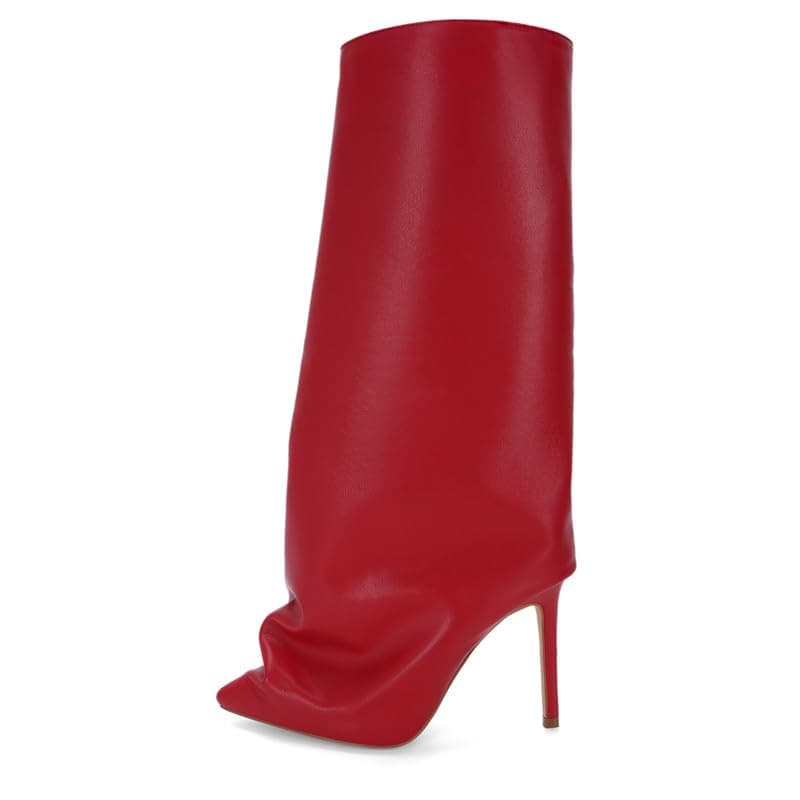 Richealnana Women's Fold Over High Heel Knee High Boots — Red-d