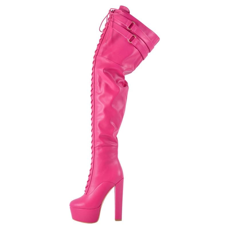 Richealnana Women's Over The Knee High Platform Thigh High Boots | Fashion Lace-Up Chunky Heels | Winter Warmth.boot size US 8.5 — Pink