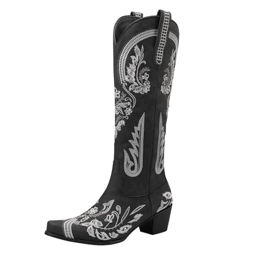 KiutSymo Sparkly Vintage Embroidered Cowgirl Boots Mid Calf Heel Wedding Western — Black-2