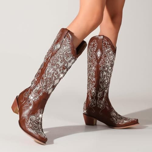 LingxiaUne Women's Sparkly Rhinestone Cowboy Boots Trendy Vintage Glitter Heel