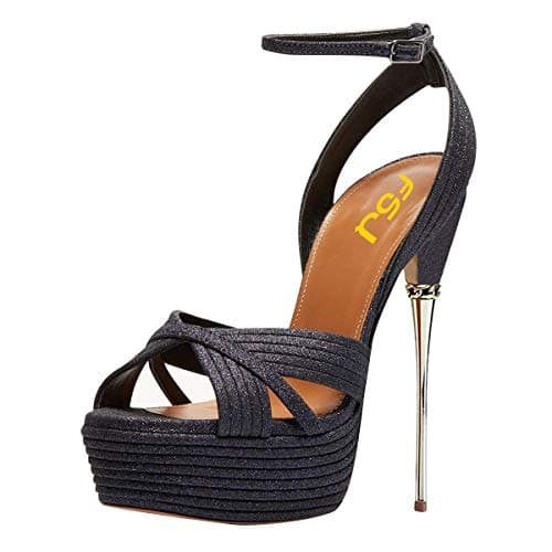 FSJ Women's Metallic Open Toe Stiletto Heel Platform Sandals Size 4-15 US — Midnight Glitter