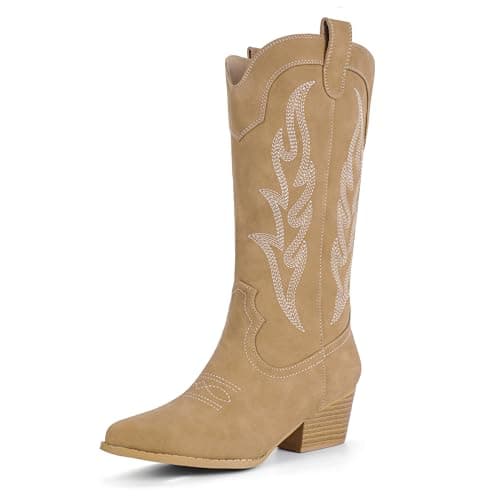 IDIFU IN2 Mid Calf Cowboy Boots for Womenchunky Low Heel Western Embroidery — Tan