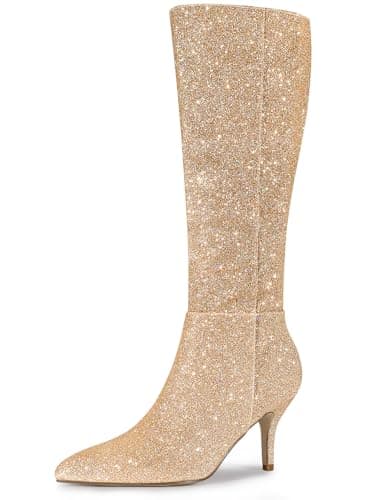 Allegra K Women's Sparkle Pointy Toe Knee High Boots — Gold