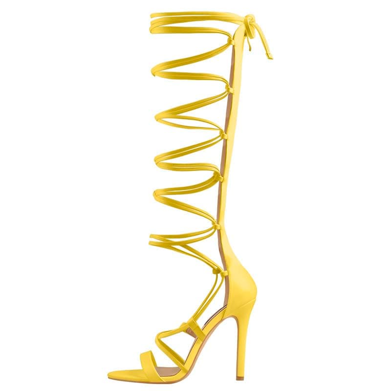LISHAN Women's Knee High Open Toe Criss Cross Stiletto Heels Sandals — Yellow