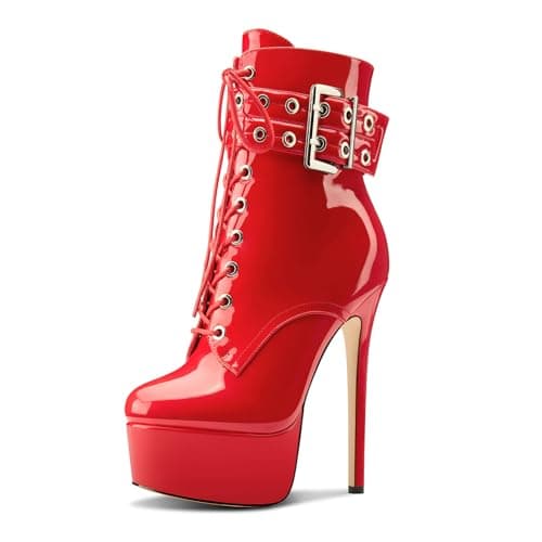 Womens Aachcol Stiletto Heel Platform Ankle Boots Patent Leather Zipper Buckle — Red