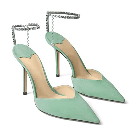 LauraVicci Women's Crystal Chain Heeled Sandals with Rhinestones Buckle Satin Shoes — Green Suede