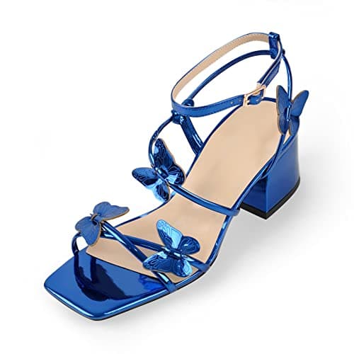 Richealnana Women's Butterfly Crisscross Strap Chunky Heel Sandals — Blue