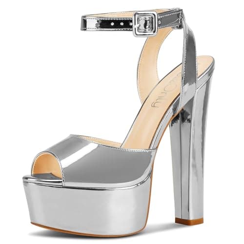 NobleOnly Women's High Block Platform Prom Heels Ankle Strap Sandals 5.9" Heels
