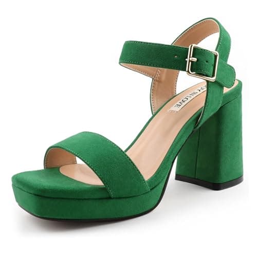 JOY IN LOVE Women's Chunky Platform Heels Ankle Strap Sandals — Green Suede