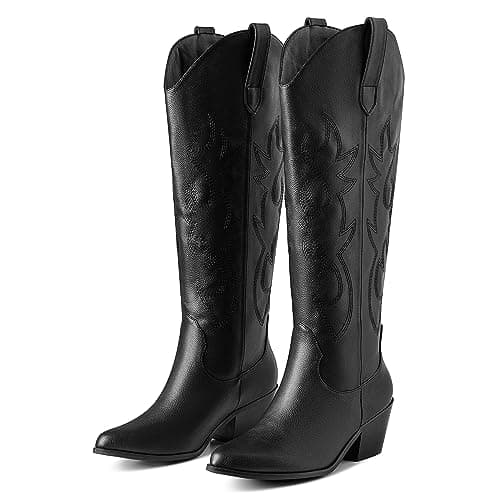 Erocalli White Embroidered Cowboy Boot for Women Knee High Heeled Pull-On — 1 Black-a