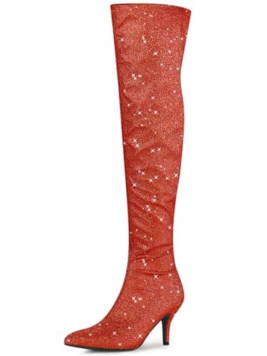 Allegra K Women's Glitter Knee High Stiletto Heel Boot — Red