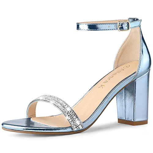 Allegra K Women's Rhinestone Ankle Strap Chunky Heels — Blue