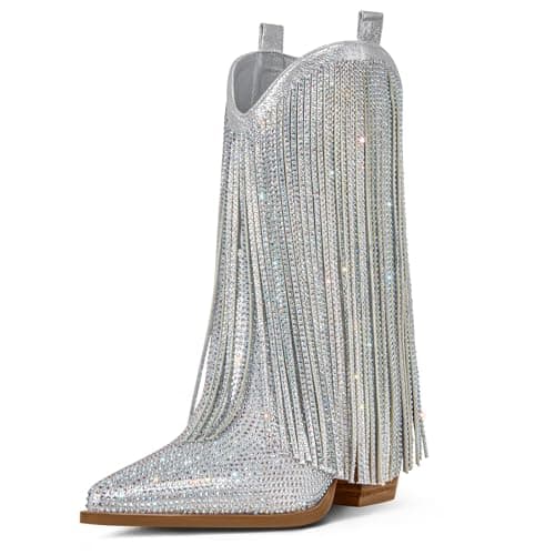 Ouepiano Women's Rhinestone Cowboy Boots with Sparkly Fringe