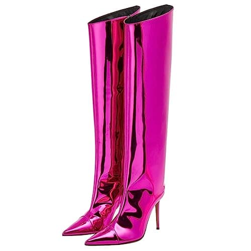 Arqa Women's Chrome Zipper Knee High Stiletto Heel Boot — Fuchsia