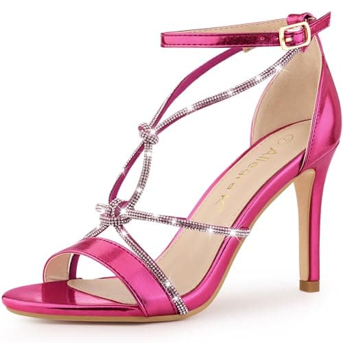 Allegra K Women's Rhinestone Knot Strap Stiletto Heels — Hot Pink