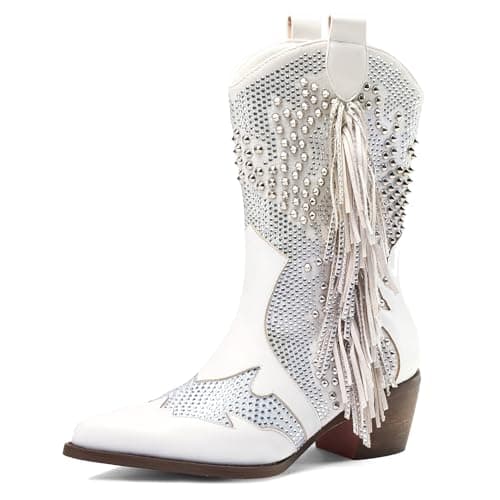 Western Women's Pointed Toe Rhinestone Ankle Boots with Tassels
