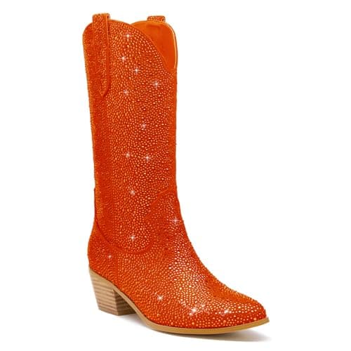 KEEISEA Women's Sparkle Rhinestone Cowboy Boots Wide Glitter Fashion Party — Mid-calf Orange