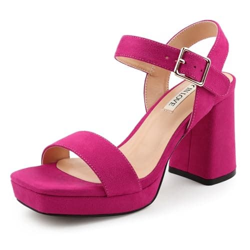 JOY IN LOVE Women's Chunky Platform Heels Ankle Strap Sandals — Fuchsia Suede