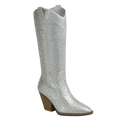 ABSOLEX Women's Western Cowgirl Rhinestone Knee High Boots — Silver
