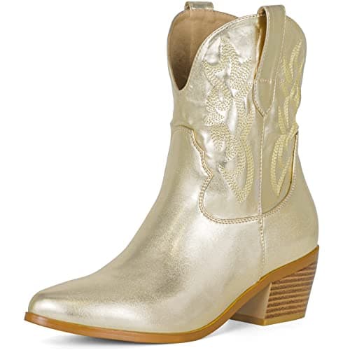 STALOV Women's Embroidered Cowgirl Ankle Boots, Pointed Toe Chunky Heel — Gold