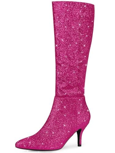 Allegra K Women's Sparkle Pointy Toe Knee High Boots — Hot Pink