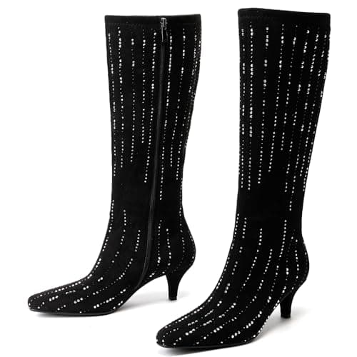 GOSERCE Women's Black Rhinestone Knee High Sparkly Stiletto Heel Boots