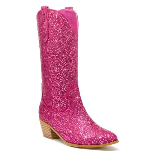 KEEISEA Women's Sparkle Rhinestone Cowboy Boots Wide Glitter Fashion Party — Mid-calf Rose