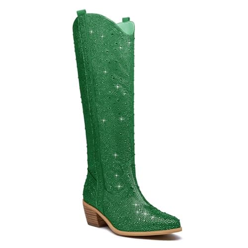 KEEISEA Women's Sparkle Rhinestone Cowboy Boots Wide Glitter Fashion Party — Knee-high Green