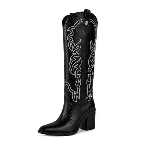 Wetkiss Women's Embroidered Knee High Cowboy Boots with Chunky Heel — Black/Knee High