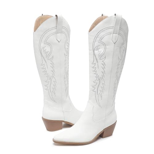 Amoji Women's Western Cowboy Knee High Boots with Zipper 307 — 307-white