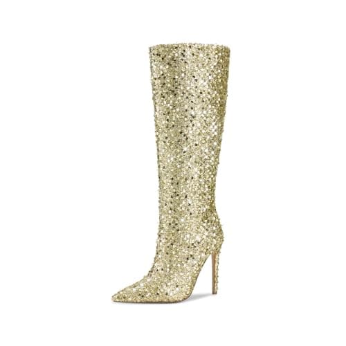 Wetkiss Glittering Sequin Knee-High Stiletto Heels for Women — Gold