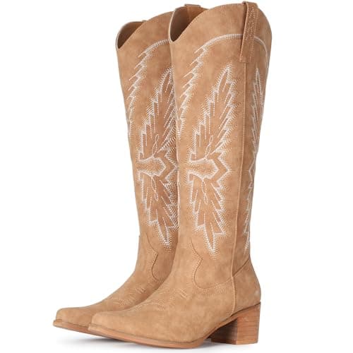 IUV Women's Knee High Western Pointy Toe Cowgirl Boots Chunky Heel Zipper