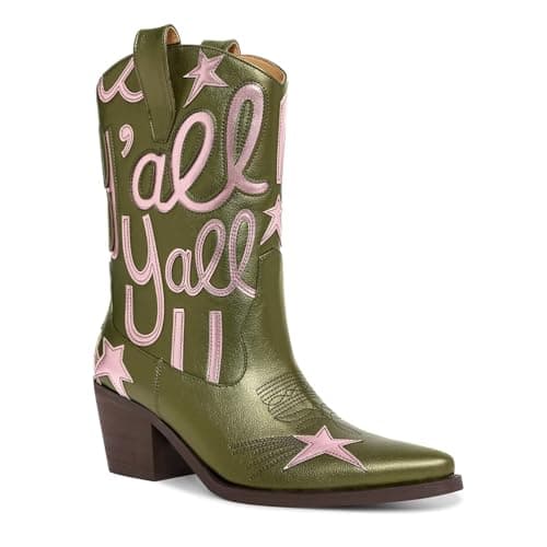 HOCHFART Women's Mid-Calf Metallic Cowboy BootsFashion Embroidery Pull-On — Green