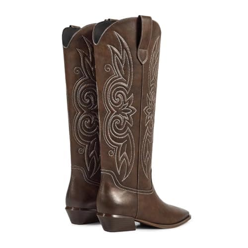 ISNOM Western Cowboy Boots for Women Knee High Square Toe Low Heel