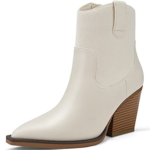 OOHRHN Women's Glitter Rhinestone Cowboy Booties Chunky Heel Pearl Detail — White