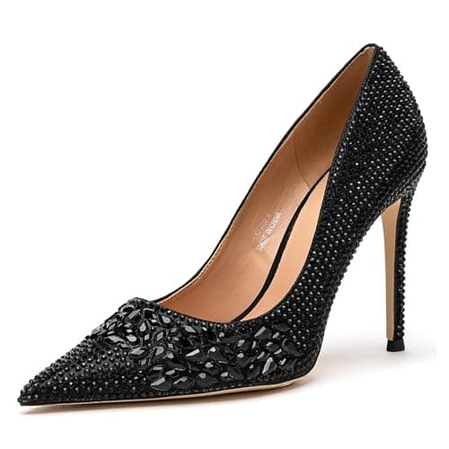Lryweisy Women's 4 Inch Stiletto Rhinestone Heels for Wedding Party Shoes — Black 02