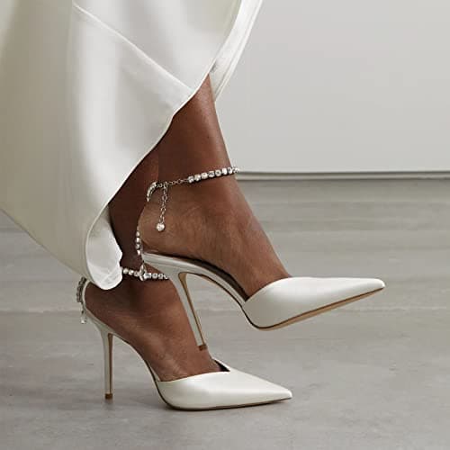 LauraVicci Women's Crystal Chain Heeled Sandals with Rhinestones Buckle Satin Shoes